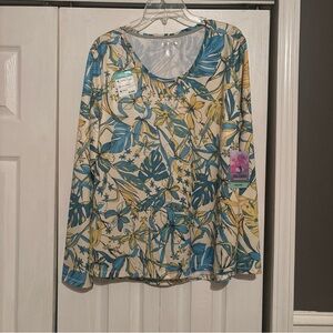 Reel Legends Blue and Yellow Floral Long Sleeve Top Sz XL NWT